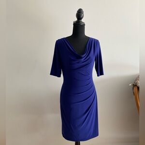 Ralph Lauren elegant cowl drape neck royal blue dress fully lined 3/4 sleeve SZ4